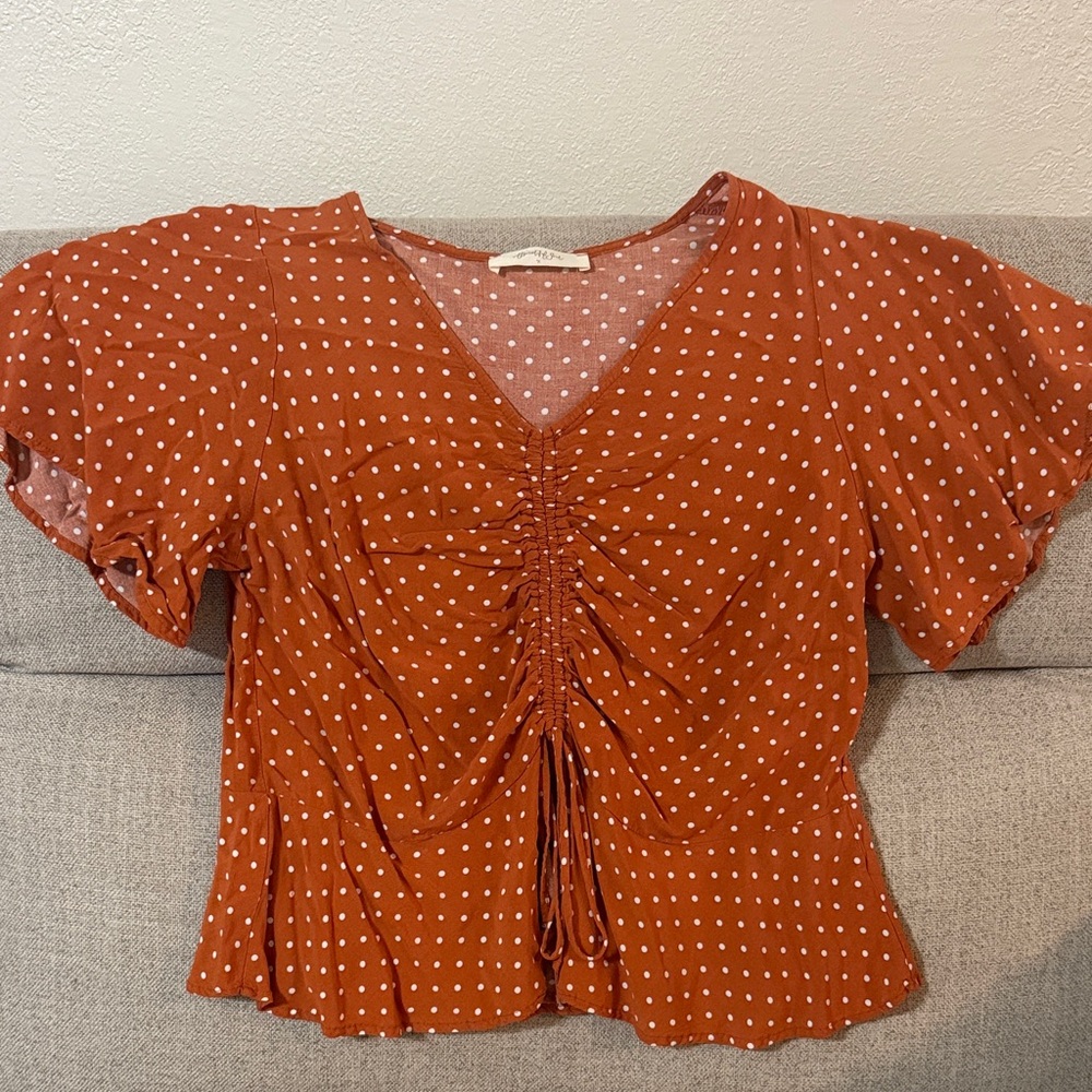 Orange Polka Dot Ruched Top - A Beautiful Soul - size X